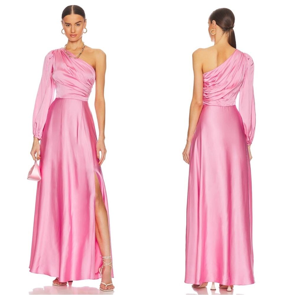 AMUR Elsabet One Shoulder Ruched Maxi Gown in Calla Lily Pink Size 6